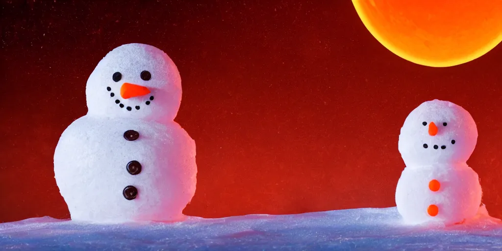 Image similar to a melting snowman standing on top of the sun. the ground is made of fire and lava and is glowing orange. cinematic, dramatic, epic, volumetric lighting, atmospheric, red, orange extremely coherent, 8 k, space