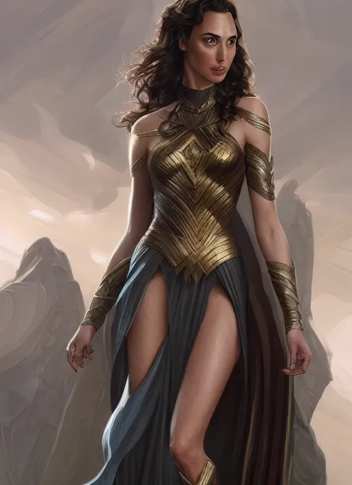 Image similar to full length photo of gal gadot wearing a dress, intricate, elegant, highly detailed, digital painting, artstation, concept art, matte, sharp focus, illustration, hearthstone, art by artgerm and greg rutkowski and alphonse mucha