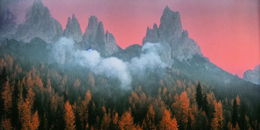 Prompt: 1 9 2 0 s color spirit photography 9 1 1 1 2 1 of alpine red sunrise in the dolomites, green lush forest, smoke from mountains, roots, by william hope, beautiful, dreamy, grainy