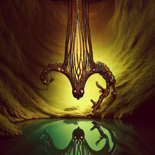 Image similar to creature in a lush desert, water reflection, night, backlit, warm tones, bioluminescent : : by michal karcz, daniel merriam, victo ngai and guillermo del toro : : ornate, dynamic, particulate, intricate, elegant, highly detailed, centered, artstation, smooth, sharp focus, octane render, 3 d