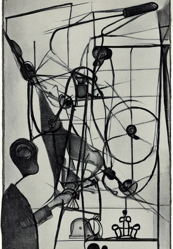 Image similar to a concept drawing of marcel duchamp holding up a chess - piece wire - machine, a surrealist painting by marcel duchamp, complex artificial - intelligence machinery, minimal sketch flow - chart, academic art, 1 9 2 0 s