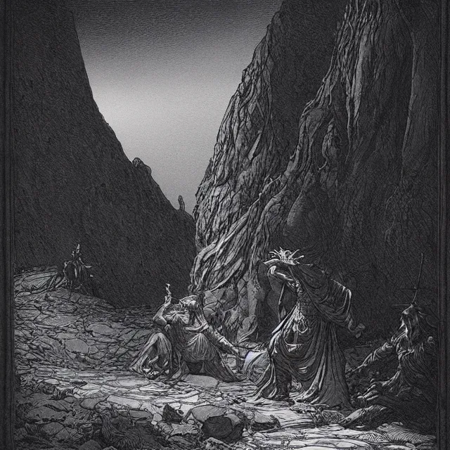 Image similar to etching by Franklin Booth and Gustav Doré showing frightened sorcerer in the desert by night, surrounded by nightmares in the shadows, mystic athmosphere, by Greg Rutkowski, deformed rocks, snakes, scorpions, UHD, 8K,