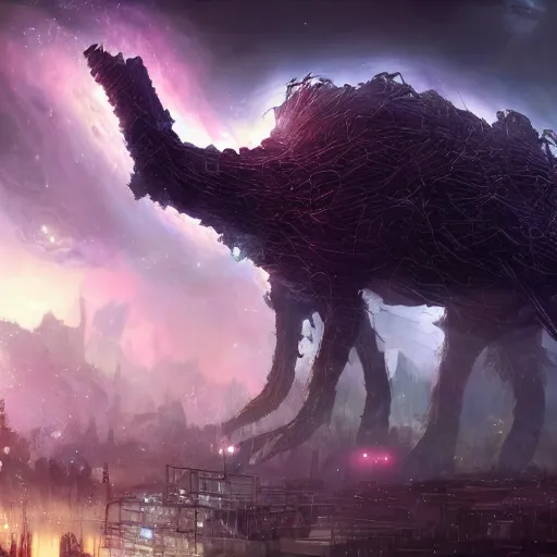 Image similar to a giant creature made out of nebulas rebuilding a city, dynamic lighting, photorealistic fantasy concept art, trending on art station, stunning visuals, creative, cinematic, ultra detailed