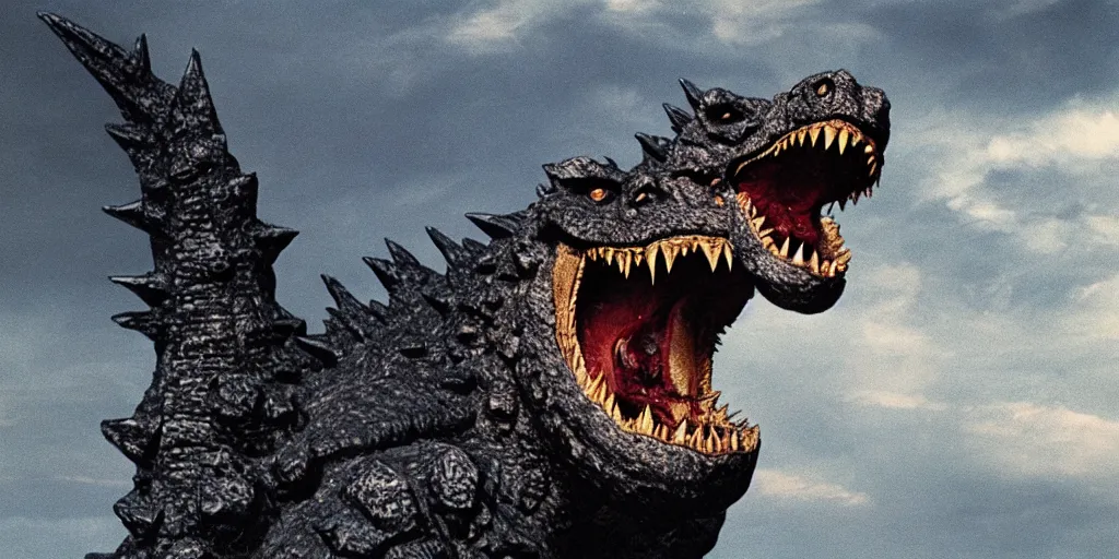 Image similar to clear perfect photo of godzilla with human teeth