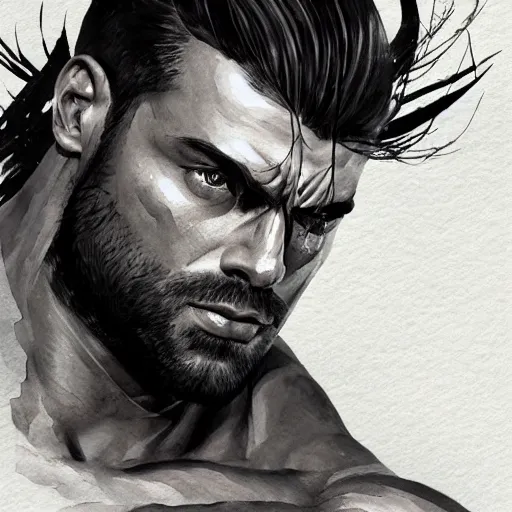 Image similar to watercolor artwork of a computer headed muscular man with yellow eyes, gigachad, dramatic black and white, concept art, super detailed, 4 k hd, trending on artstation, digital painted, low contrast, made by greg rutkowski and viktoria gavrilenko