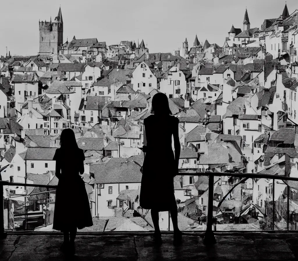 Prompt: the silhouette of a woman drinking coffee, looking out to an old medieval town, over the shoulders shot, cinematic, 4 k, detailed, 3 5 mm film, black and white