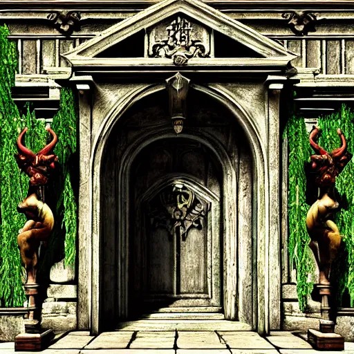 Image similar to entrance of a mansion, gargoyles, plants, highly detailed, realistic, background of resident evil game