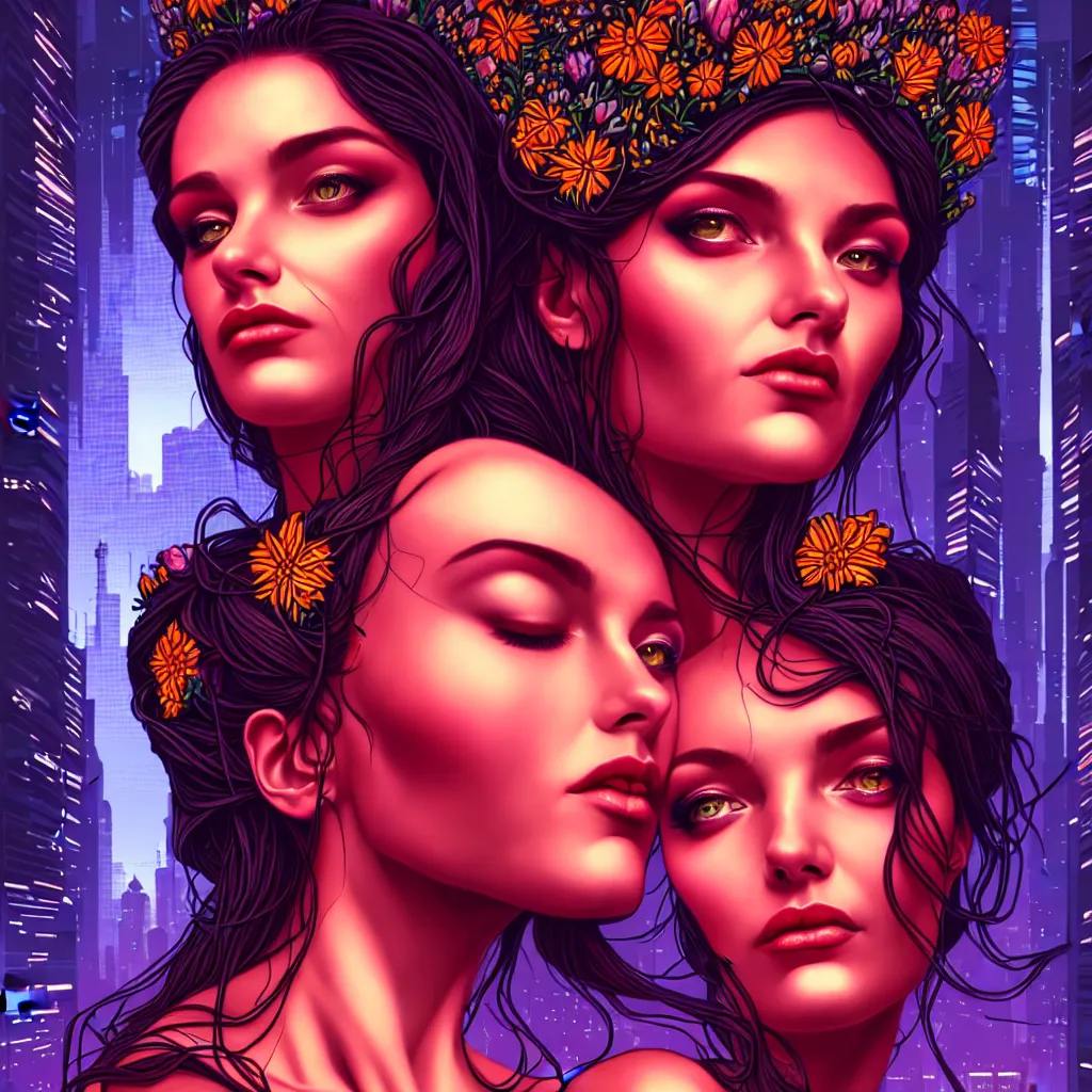 Prompt: a beautiful closeup portrait painting of the flower queen in a sensual pose, in the style dan mumford artwork, in the background a futuristic cyberpunk city with lit windows is seen.