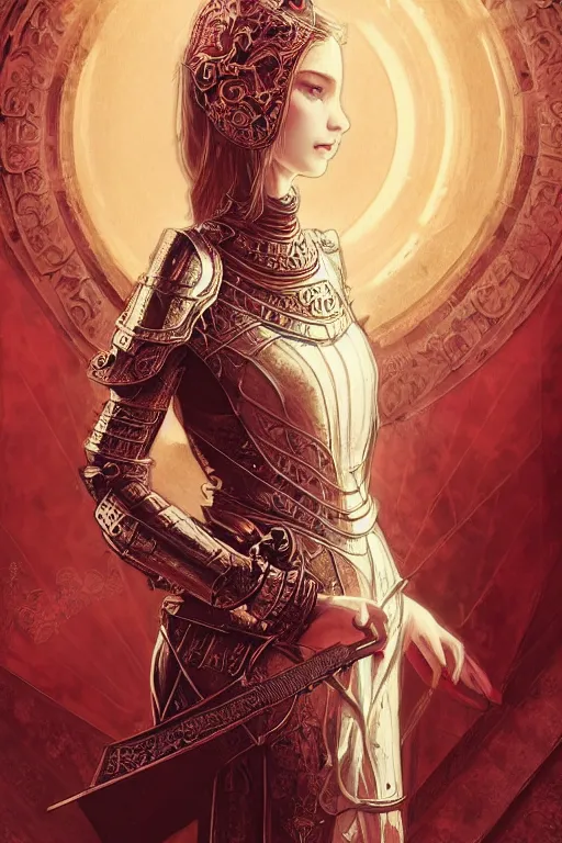 Image similar to beautiful luxury and elite and victorian and holy medieval female red and white color armor knight portrait+smoky eyes+light flowing hair, in ruin gothic cathedral, ultradetail face, art and illustration by tian zi and craig mullins and WLOP and alphonse mucha, fantasy, intricate complexity, human structure, fantasy world concept, watermark, blurry, hyperrealism 8k