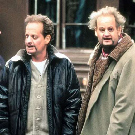 Prompt: adult Macaulay Caulkin, old Joe Pesci and old Daniel Stern on the set filming the next Home Alone movie.