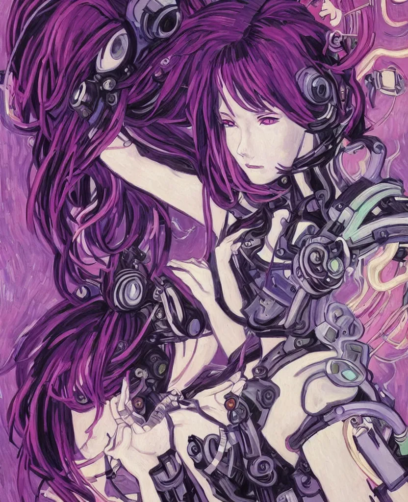 Image similar to A beautiful painting of a cyberpunk anime girl with purple hair and an a huge robot arm sensual stare, augmentations and cybernetic enhancements neon circuits, Painted by Vincent Van Gogh 8k highly detailed ❤️‍🔥 🔥 💀 🤖 🚀