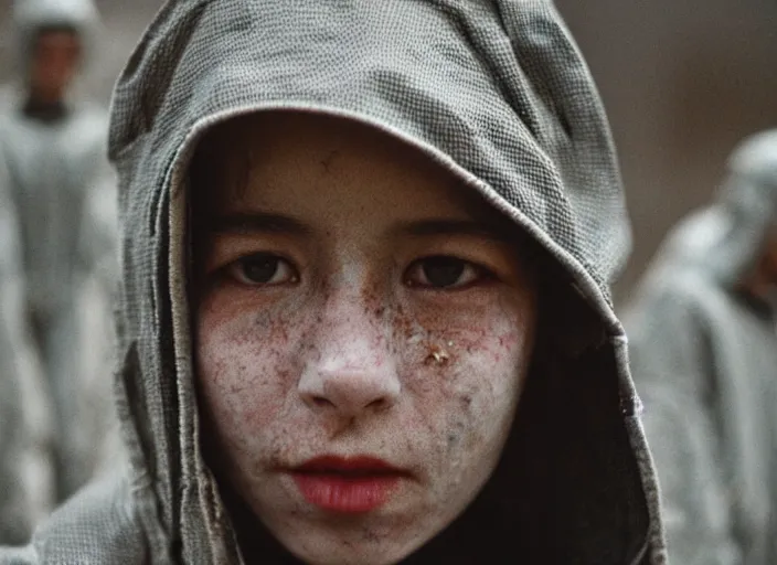 Image similar to cinestill 5 0 d photographic portrait by helen levitt of a group of cute android women wearing rugged black mesh techwear in a foggy cement maze, extreme closeup, modern cyberpunk, dust storm, 8 k, hd, high resolution, 3 5 mm, f / 3 2, ultra realistic faces, intricate detail, ex machina