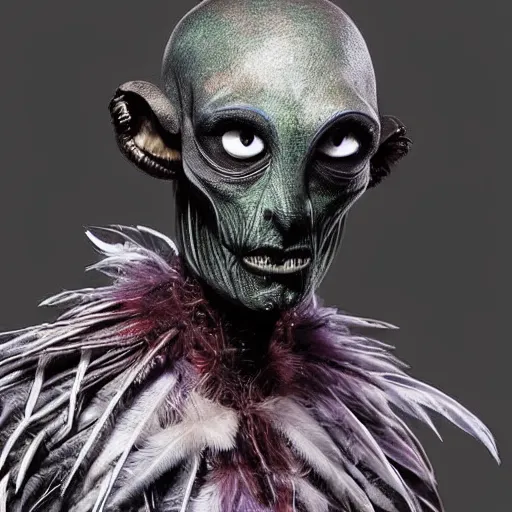 Image similar to humanoid alien species with human face, black feathers instead of hair, feathers growing out of skin, wings growing out of arms, transformation, tim burton, guillermo del toro