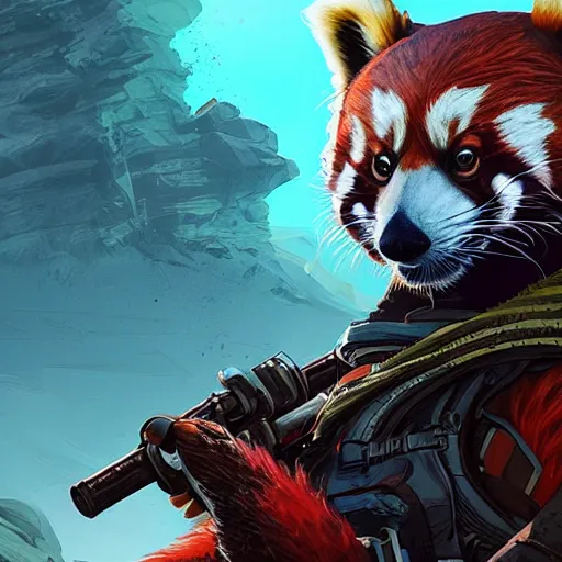 Image similar to red panda as apex legends character, digital illustration portrait design, by android jones and greg rutkowski, retrowave color scheme, detailed, cinematic lighting, wide angle action dynamic portrait