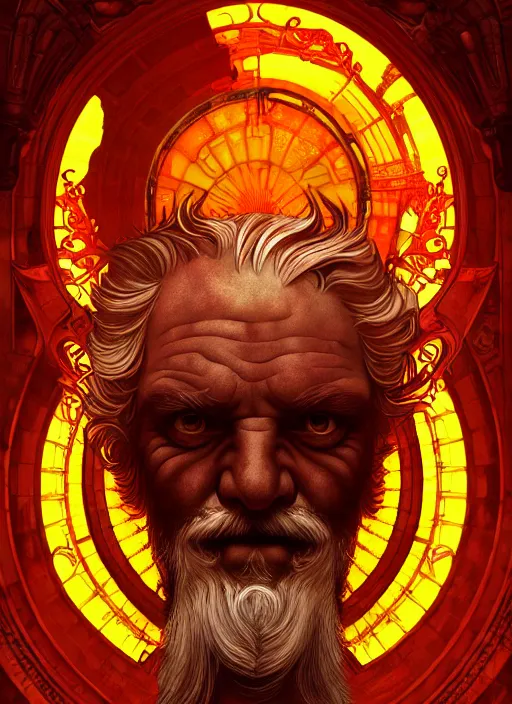 Image similar to the god hephaestus, old man, fiery hair, glowing eyes, volumetric lights, yellow and red scheme, art nouveau botanicals, gothic, intricate, highly detailed, digital painting, artstation, concept art, smooth, sharp focus, symmetric face, illustration, steampunk, art by artgerm and greg rutkowski and alphonse mucha