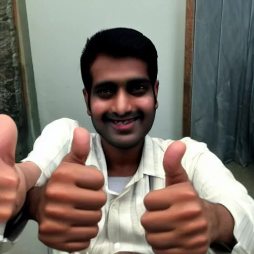 Image similar to a photo taken with an android camera of an indian guy with an awkward smile giving a thumbs up