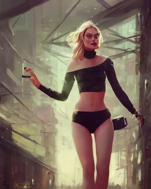 Image similar to full body shot of margot robbie by wlop, rossdraws, mingchen shen, arney freytag, artstation, fantasy photoshoot, urban jungle, fashion pose, octane, 4k