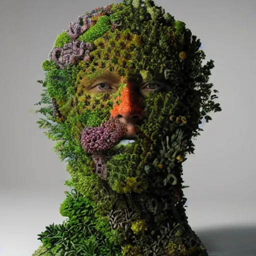 Prompt: A hyper-realistic sculpture of a human head with infinite coral garden of plants