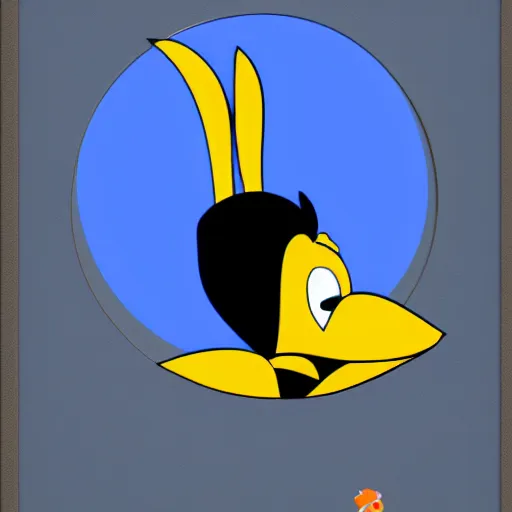 Image similar to daffy duck disney character, symmetrical portrait, duck face, duck bill, disney cartoon portrait