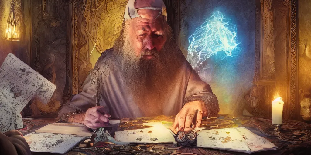 Image similar to wizard doing a tarot reading, cards, fantasy, digital art, soft lighting, 8 k, highly detailed, medium close up