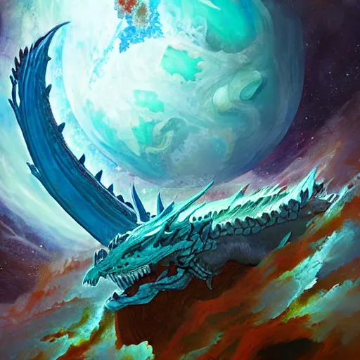 Prompt: prompt crystalline blue dragon, European dragon, devouring a planet, eating a planet. space, planets, moons, sun system, nebula, oil painting, by Fernanda Suarez and and Edgar Maxence and greg rutkowski