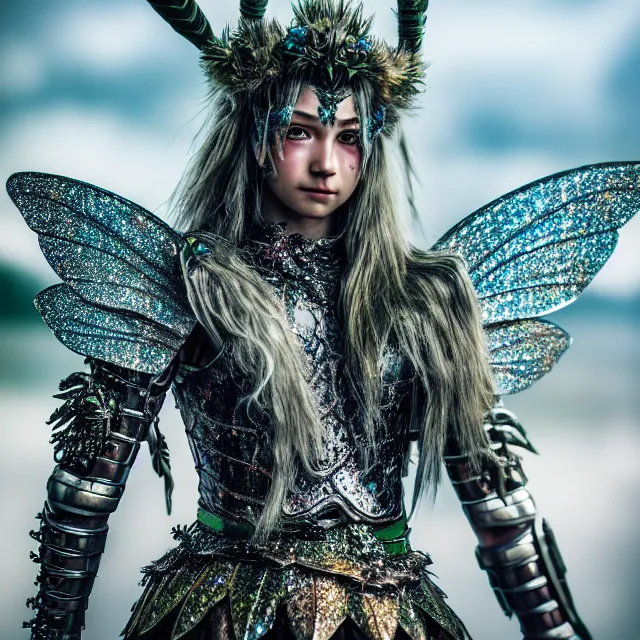 Image similar to full body photo of a fairy warrior wearing sparkly armour, highly detailed, 4 k, hdr, smooth, sharp focus, high resolution, award - winning photo