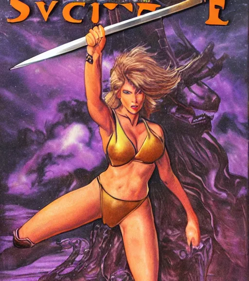 Image similar to 1 9 8 0 s fantasy novel book cover, amazonian taylor swift in extremely tight bikini armor wielding a cartoonishly large sword, exaggerated body features, dark and smoky background, low quality print