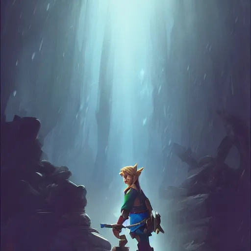 Image similar to a photorealistic dramatic fantasy render of link from zelda by wlop, artgerm, greg rutkowski, alphonse mucha, beautiful dynamic dramatic dark moody lighting, shadows, cinematic atmosphere, artstation, concept design art, octane render, 8 k