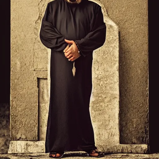 Image similar to middle aged man, dark complexion, well trimmed beard, middle ages middle eastern clothing, portrait full body view, middle easter contemporary artstyle