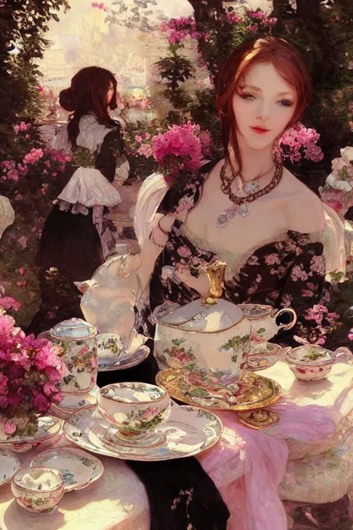 Image similar to a beautiful painting of afternoon tea, rose, black tea, highly detailed, shimmering and prismatic, rococo, by krenz cushart and mucha and monet, trending on artstation.