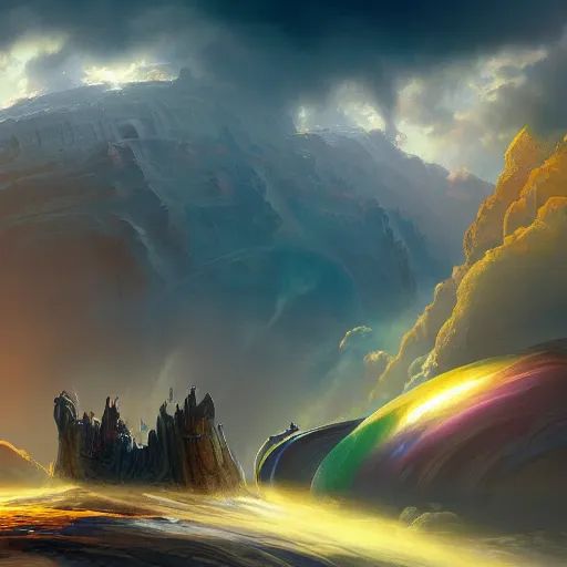 Prompt: a fantasy world full of mystery and wonder, colorful, fantasy, rutkowski, professional artwork, sunny, clouds, detailed, artstation, jim burns,