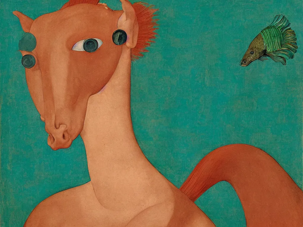 Prompt: portrait of a woman head, negative horse head with close up exotic betta fish. turquoise, malachite, cinnabar, earth brown painting by piero della francesca, balthus, agnes pelton