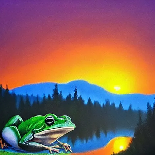 Image similar to frog that looks like bob ross painting a beuatifull painting of a river in the mountains and a beautiful sunset, photorealistic