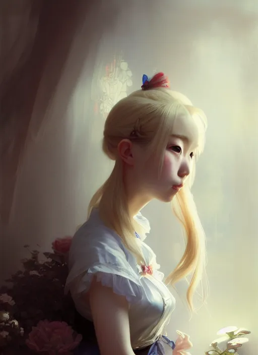 Image similar to symmetry!! portrait of a pretty japanese girl with blonde hair dressed as a french maid, elegant, highly detailed, digital painting, 8 k, concept art, smooth, sharp focus, illustration, ethereal, misty, octane render, by ruan jia and jeremy mann and alphonse mucha