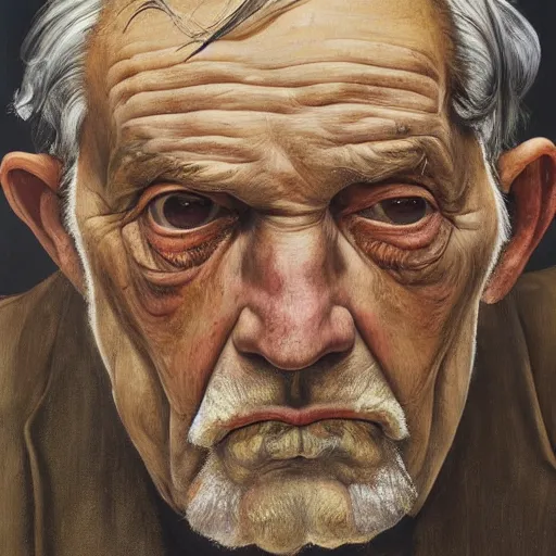 Image similar to high quality high detail painting by lucian freud, hd, portrait of an older man, worried, sad, handsome face, brown skin, short white beard, a tear falls from his right eye, photorealistic lighting