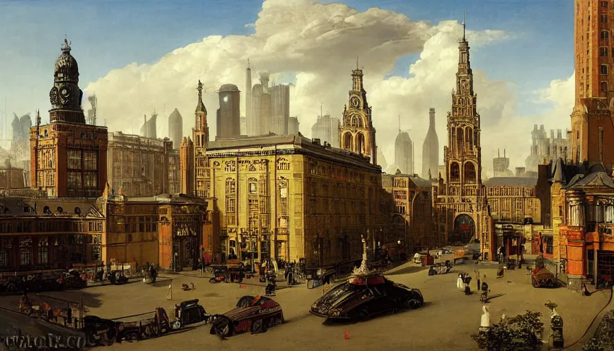 Prompt: Victorian England soviet city with flying cars and cyberpunk, made by Hubert van Eyck, Georges de La Tour, Élisabeth Vigée Le Brun, Jacques-Louis David