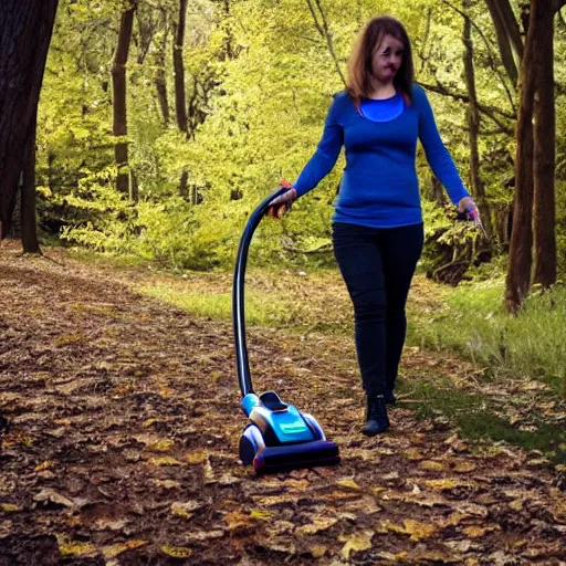 Image similar to lady walking a vacuum in a scary wood