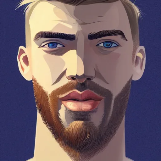 Image similar to tall chunky man in his twenties with brown blond short regular haircut and round facial structure with cleft chin, straight eyebrows, big grey blue eyes, grinning, slightly set back jaw, cheekbones, straight nose, wider face, shadow of beard, atmospheric lighting, painted, intricate, 4 k, highly detailed by charlie bowater