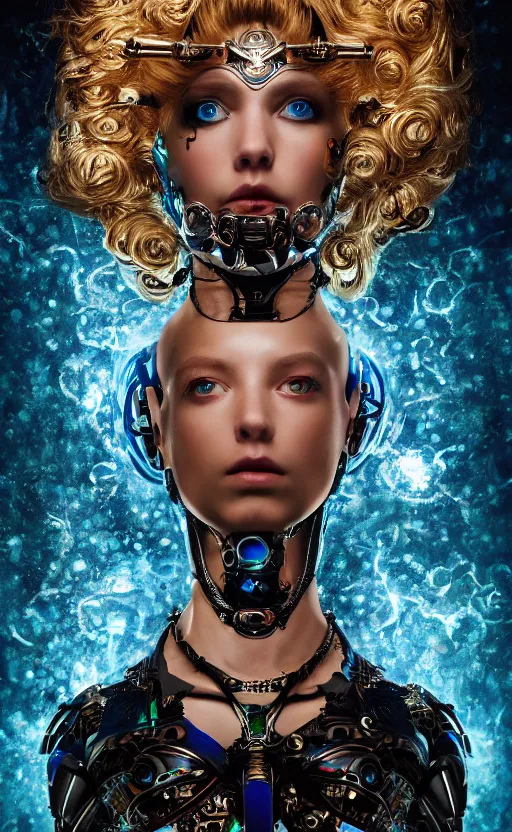 Prompt: the young cyborg girl, piercing glowing eyes, fashion ornate royal armor, striking composition, highly detailed ornate sci fi background, vogue poses, striking composition, vivid details, wires, glowing tubes, beautiful composition, mural in the style of sandro botticelli, caravaggio, albrecth durer, 8k