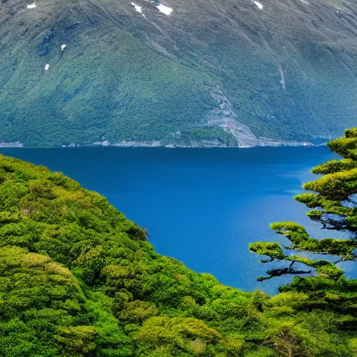 Image similar to high resolution camera capture of a a verdant large island with fjords and mountains