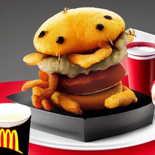 Prompt: deep fried spider mcdonalds ad. fried spider