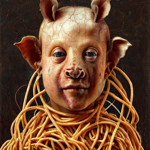 Image similar to half boy half rhino made of spaghetti, by giuseppe arcimboldo and ambrosius benson, renaissance, intricate and wet oil paint, a touch of beksinski, realistic