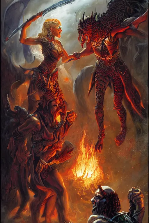 Prompt: The Queen of Spears faces off against the King of Hell in a world of ash, artwork by Ralph Horsley