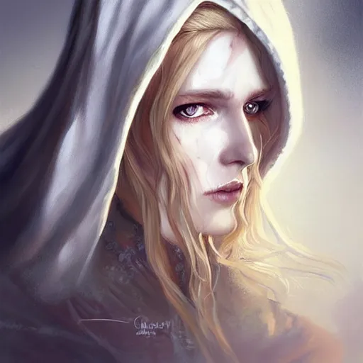 Image similar to a head - on detailed oil portrait of a distinguished ( ( elven ) ) woman wearing a white hood with long!! curly!! blonde hairs and bright irises, by charlie bowater, lise deharme, wlop, trending on artstation, dungeon and dragons art, l critical role