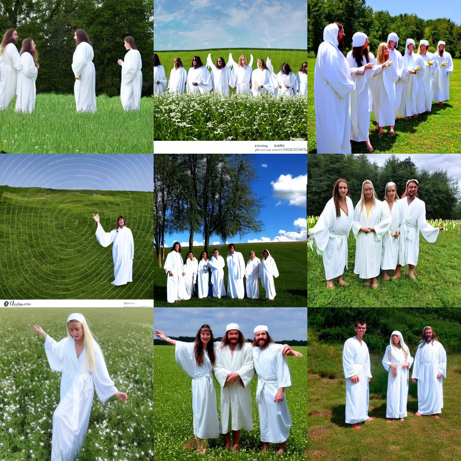 Prompt: soft and friendly beings with long hair, wings and dressed in white robes. a very green field with white flowers and a blue sky! it has