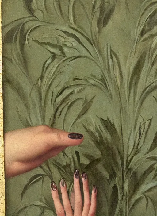 Prompt: by famous 1 9 th century painter, hand, lavender nail polish, realism, pretty, green wallpaper background!