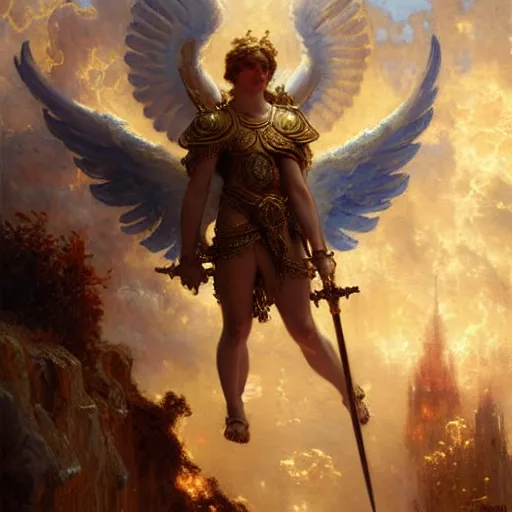 Image similar to saint michael the angel, guarding the world from evil. highly detailed painting by gaston bussiere, greg rutkowski 8 k