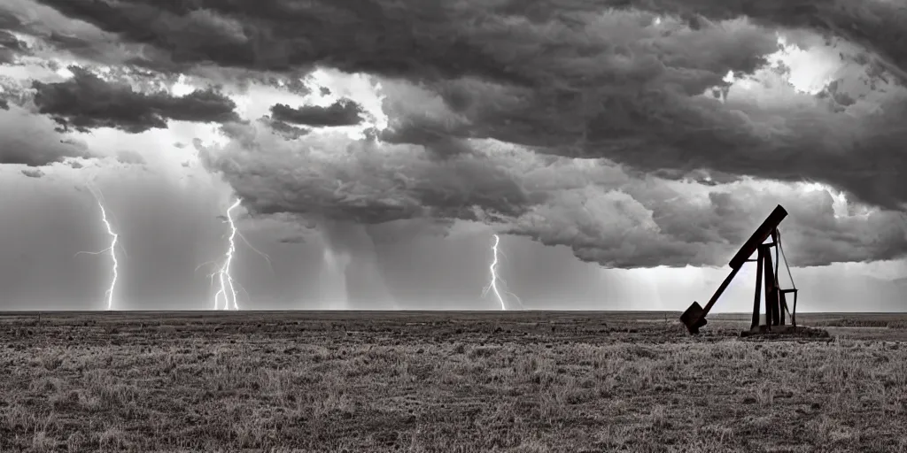 Image similar to photo of a stormy west texas sunset, perfect rustic ( ( pumpjack ) ), x - pan, high resolution lightning, golden hour, high detail, beautiful!!!