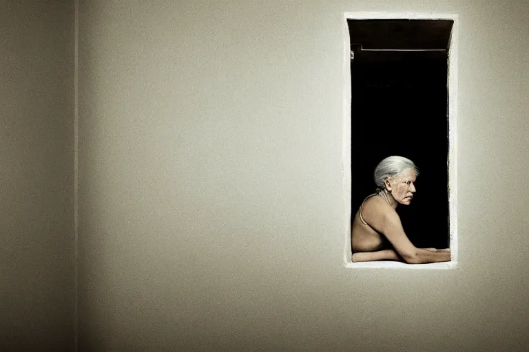 Prompt: a cinematic painting of an old female prisoner inside of jail cell looking out of a window onto a beautiful serene landscape, beautiful lighting, high depth, ultra realistic, artistic, by annie leibovitz, by hendrik kerstens