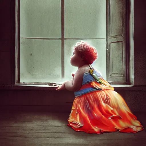 Image similar to the same style. the most beautiful little fat sweet girl is kissing a huge colorful cute fish. modern etching. colored print. hype realistic scene. old photography style. studio lighting. window. 3 d, octane render, deep focus, fashion style, white scene. very funny and sweet art. unreal engine. watercolor